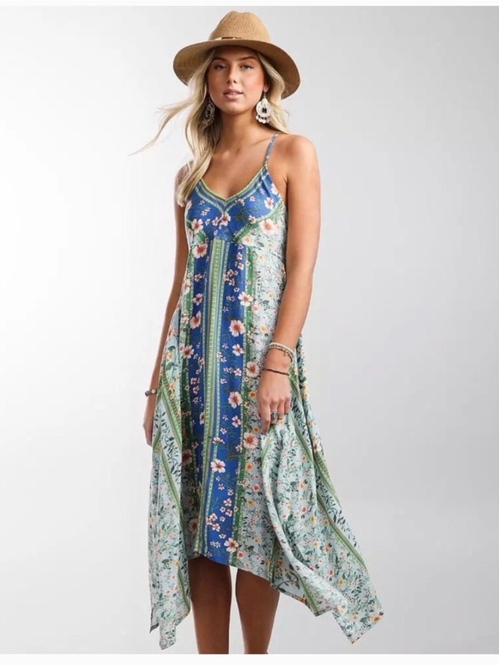 O'Neill Blue and Mint Asymmetrical Floral Midi Dress